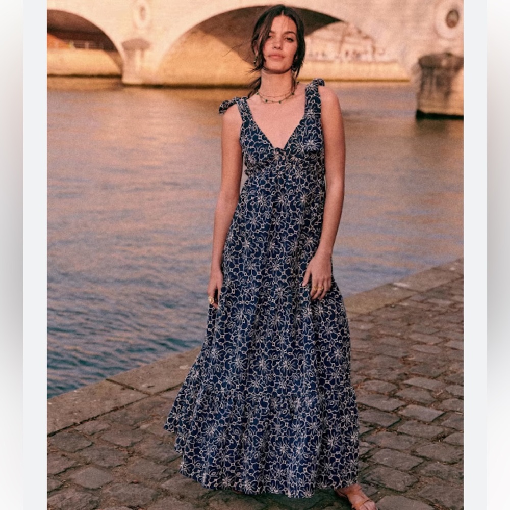 Sezane Blue Maxi V-Neck Sundress